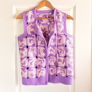 Handknit Lavender Pink Crochet Granny Square Vest